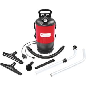 The Sanitaire® TRANSPORT™ QuietClean® Backpack Vacuum is red and includes extension tubes, various nozzles, and a hose. It features a portable design with comfortable shoulder straps and a black handle for convenient use.