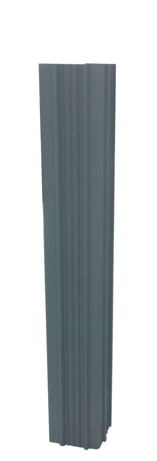 VCW-GY-11-SQ_A.jpg A tall, grey, rectangular object with vertical grooves resembling architectural molding or a column section, similar to a Vestil Gray Square Column Wrap 11 In. The background is plain white.