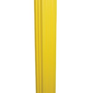 The Vestil Yellow Square Column Wrap 20 In is a tall, yellow, rectangular plastic post protector with vertical grooves. It has an open top revealing a brown interior and fits snugly around posts for enhanced safety.