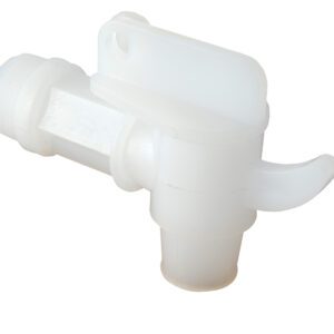 The Vestil Drum Faucet Non-Adjustable is a plastic spigot with a white body and lever handle, designed to control liquid flow. It has threading for 3/4 bung attachment on one end and a dispensing outlet on the other, making it perfect for barrels or tanks.