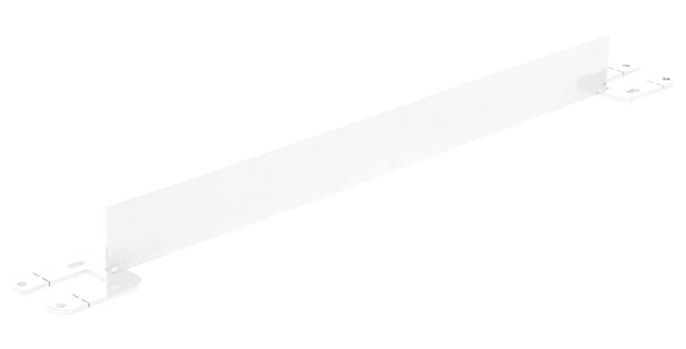 VDKR-3-TB-WT_A.jpg A long, flat white metal bracket for structural support featuring symmetrical plates with mounting holes on both ends, similar to the Vestil Toeboard For Pipe Safety Railing 36 Inches White.
