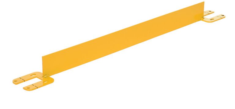 A long, flat yellow metal bracket with two rectangular mounting plates on each end is designed to securely attach the Vestil Toeboard for Pipe Safety Railing 36 Inches. With a smooth surface and holes in the plates, it facilitates easy installation or support purposes.