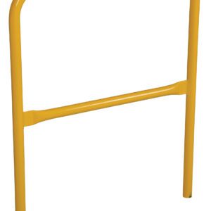 The Vestil Steel Pipe Safety Railing (36) is a yellow metal rail featuring two vertical legs, a horizontal top bar, and a middle support bar for enhanced durability and effective barricading.