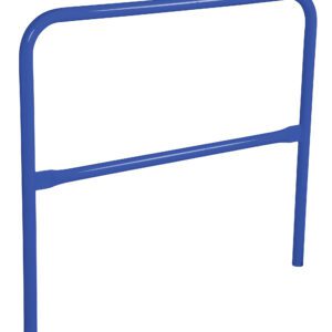 The blue Vestil Steel Pipe Safety Railing, 48 inches long, features a rectangular design with rounded top corners and a horizontal bar. It stands on two solid legs, serving as a crucial protective barrier or support.