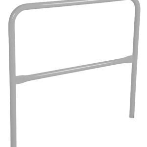 A simple headboard resembles the Vestil Steel Pipe Safety Railing 48 In Length Silver, featuring a minimalist design with a light gray finish. Its smooth, horizontal bar is supported by vertical legs with rounded corners, offering stylish elegance.