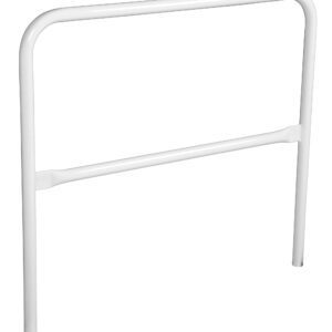 The Vestil Steel Pipe Safety Railing, 48 inches long and white, features a minimalist design with a horizontal support bar and rounded corners, making it ideal for preventing falls from one side of a bed while ensuring safety and style.