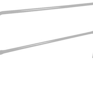 A white metal headboard features rounded corners and a single horizontal bar connecting two vertical posts, similar in sleek style to the Vestil Steel Pipe Safety Railing, 84 In Length Silver.