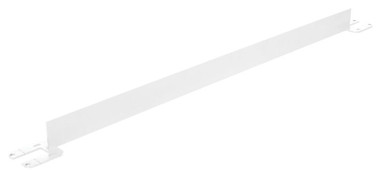 A long, flat, white metal bracket with end mounting holes is perfect for support or attachment, specifically designed to complement the Vestil Toeboard For Pipe Safety Railing 84 Inches White.