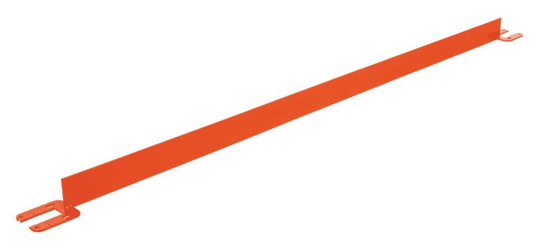 A long, flat orange bracket, similar to the Vestil Toeboard For Pipe Safety Railing 96 Inches Orange, features mounting holes at each end and is set diagonally against a plain white background.