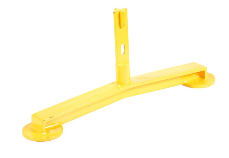 The Vestil Pipe Railing Barricade Base W/Feet has a T-shaped yellow metal frame with two round feet for stability and an upright slot for holding objects securely.