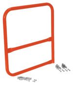 The image shows a Vestil Orange Pipe Safety Railing Gate, B-shaped, 36x36, with two horizontal bars and silver mounting brackets and screws at the bottom right for easy installation.