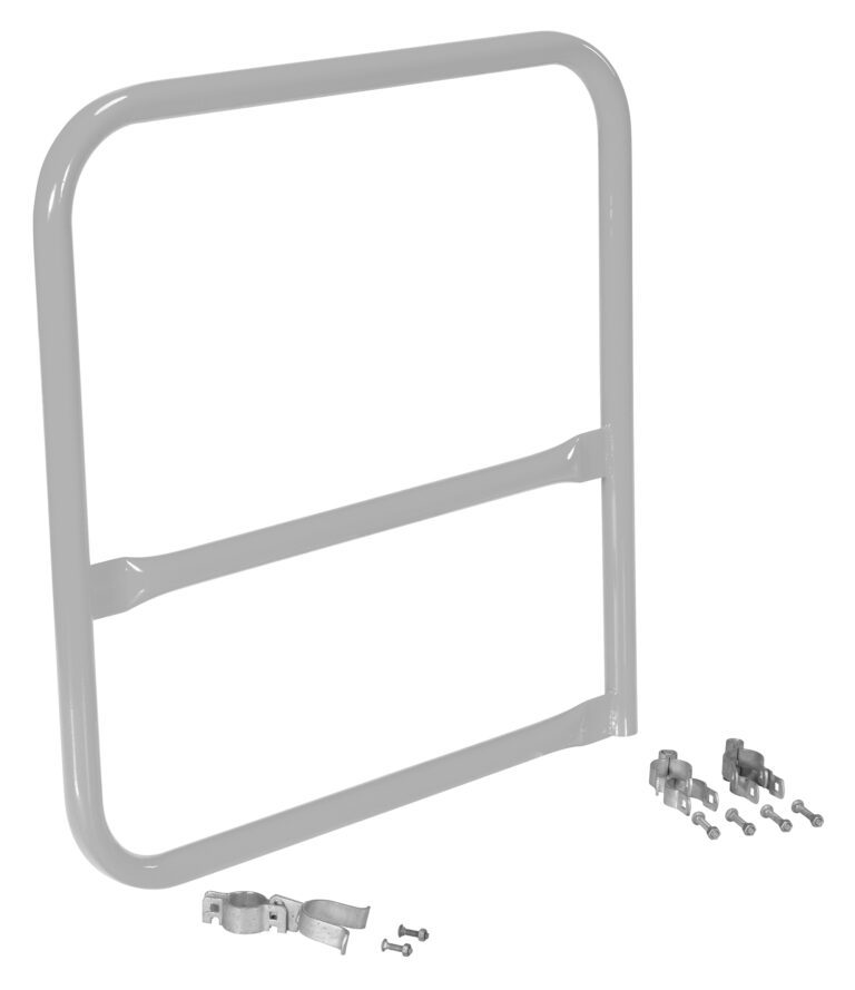 VDKR-G3-B-SL_A.jpg The Vestil Silver Pipe Safety Railing Gate-B Shaped 36X36 is a sleek gray metal bed rail with two horizontal bars, featuring two metal clamps and screws for easy installation, compactly displayed on a white background.