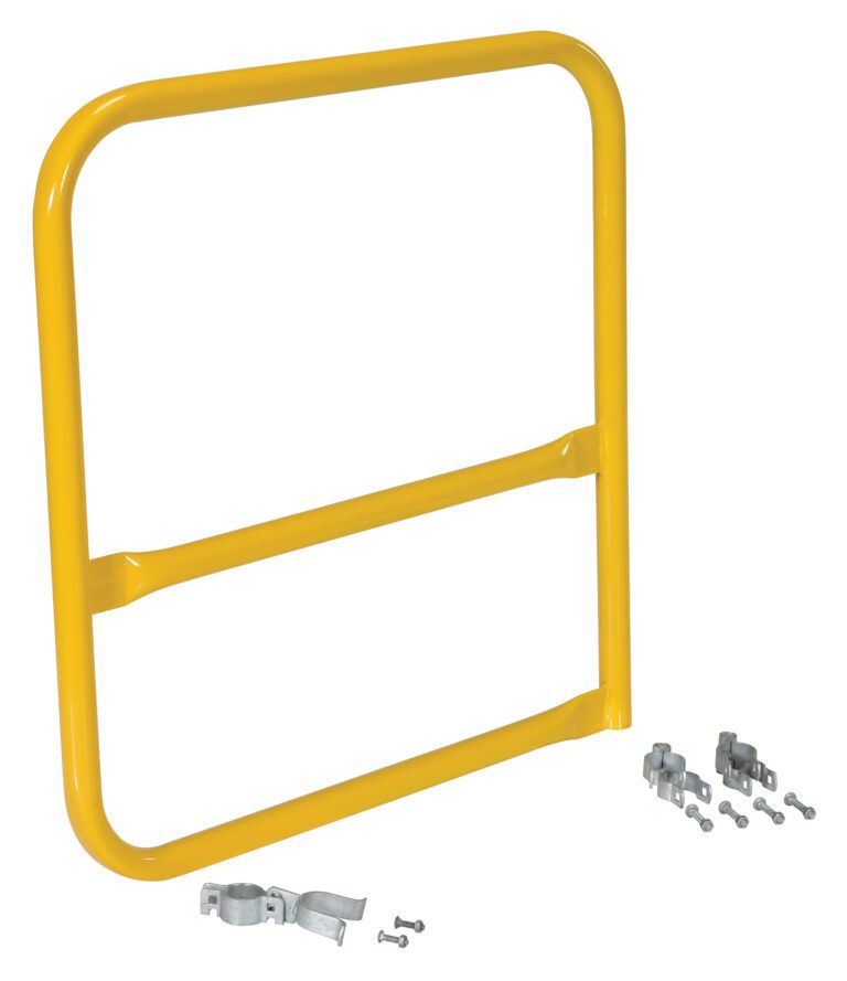 The Vestil Pipe Safety Railing Gate-B Shaped 36x36 features a yellow metal guard rail with two horizontal bars and includes two sets of silver mounting brackets and screws, all showcased on a white background.