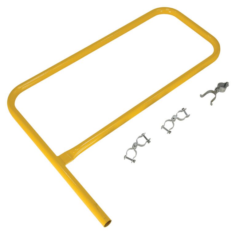 A yellow metal guard rail with a right-angle bend resembles the Vestil Pipe Safety Railing Gate-P Shaped 36X36, accompanied by three gray metal clamps and a hook for construction or industrial safety, set against a plain white backdrop to highlight its practical design.