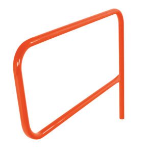 The Vestil Orange Pipe Safety Railing Gate-P Shaped 48X36 features a sleek P-shaped design with a glossy, bright orange finish, rounded corners, and one visible vertical post on the right.