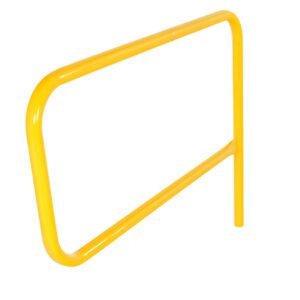 A yellow metal bike rack in a simple rectangular shape, inspired by the durability of the Vestil Pipe Safety Railing Gate-P Shaped 48X36, designed to secure bicycles. It has rounded corners and a smooth finish against a plain white background.