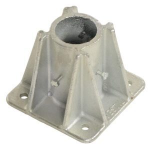 The Vestil Steel Pipe Safety Railing Single Socket features four triangular supports and a cylindrical opening for a safety railing, with bolt holes at each base corner to secure poles or similar structures.