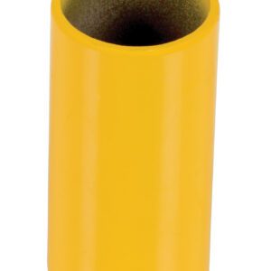 A cylindrical yellow plastic piece with a hollow center and rounded top edge, reminiscent of the safety features in Vestils Pipe Safety Rail Metal Sleeve 2 In Dia. Its darker interior is visible, and its smooth surface gleams like a well-crafted metal sleeve.