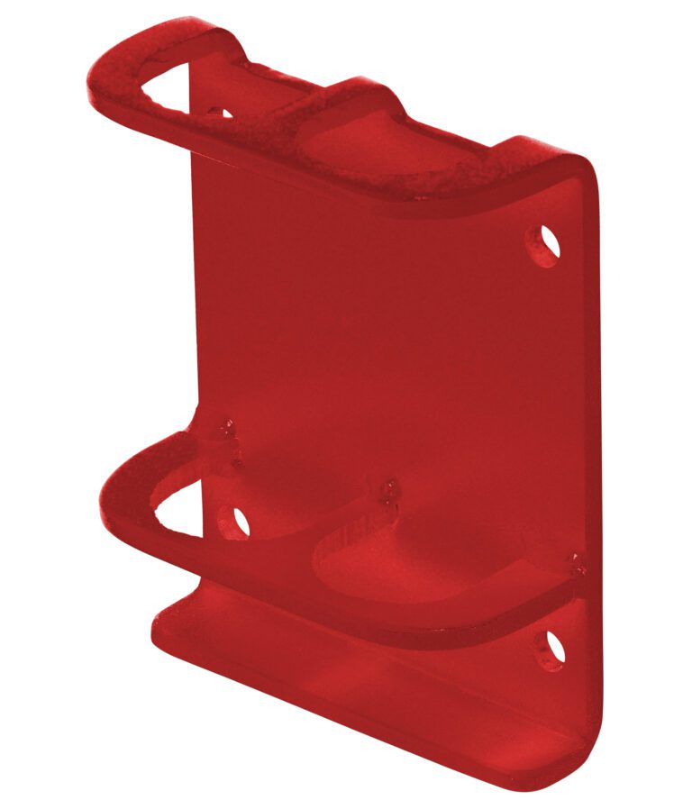 The Vestil Red Vertical-Mount Handrail Sockets feature a red metal bracket with a flat base and four rear mounting holes, crafted to hold two objects. Its bold color and simple design make it perfect for home and industrial applications.