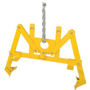 The Vestil Vertical Drum Lifter W/ 1000 Lb Capacity includes a yellow metal clamp with chain and two adjustable, claw-ended arms to securely grip drums or cylinders.
