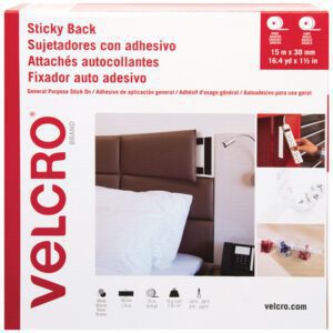 Packaging for 1.5 x 16.4 yds. - White VELCRO® Brand Tape - Combo Packs displays the product name in multiple languages and an image showing the tape on a wall-mounted device, along with dimensions and product icons.