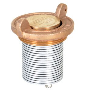A brass and silver cylindrical device with a ribbed exterior, featuring two small tabs on top, resembles an industrial component like the Vestil Vertical Drum Vent designed for 30 & 55-gallon drums.