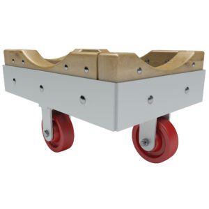 The Vestil Wood/Steel Dolly - Metal Wheels 24X36 is designed for smooth transport of cylindrical objects, featuring a metal frame and curved grooves supported by red rubber wheels for stability and mobility.