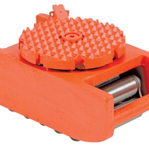 The Vestil Steel Machine Roller w/15000 lb capacity boasts a heavy-duty orange machinery skate design and textured swivel top for moving hefty loads. With a smooth finish and visible roller wheels underneath, it offers effortless maneuverability.