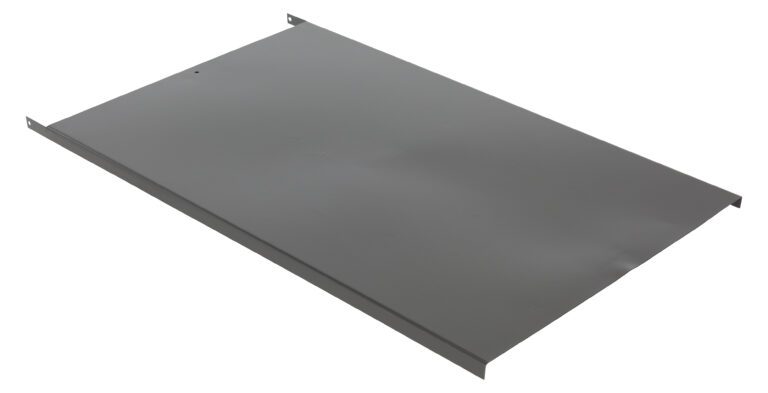 A gray metal sheet, resembling the Vestil Removable Platform Hand Pump 42 Option design, is rectangular and has a smooth surface with small flanges along its longer sides and a tiny hole near one edge. It is shown at an angle against a plain white background.