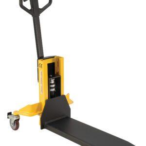 The yellow and black Vestil Single Fork Skid Positioner Lifter 800Lb is a manual pallet jack with a single long platform, handle, two large rear wheels, and a smaller front wheel, ideal for easy transport of heavy items.