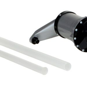 A black manual lever action pump with a handle is positioned alongside three white cylindrical tubes on a white background, resembling the Vestil 10 Oz Drum&Pail Pump.