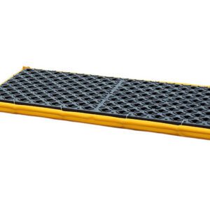 The Vestil Ultra Spill Deck Two Drum Flexible black mat features a grid-textured, non-slip surface for two drums. Its yellow border is eye-catching against a white background, enhancing both safety and style.