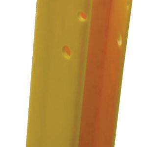 The Vestil Polyethylene Rack Shield Yl 2Lx3Wx12H In is vibrant yellow with an L-shaped design and multiple round holes.