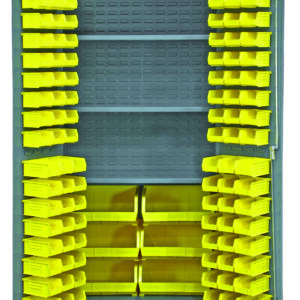 The open gray Vestil Storage Cabinet-102 Bins 36 X 72 reveals an assortment of small, bright yellow bins perfectly organized on its inside surfaces and shelves, providing ample space for sorting and storing small items.