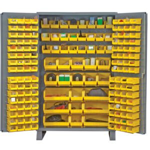 The Vestil Storage Cabinet-171 Bins 24 X 78 displays open, revealing neatly organized small yellow bins filled with tools, hardware, and miscellaneous items, perfectly arranged on both the shelves and doors of this robust metal cabinet.