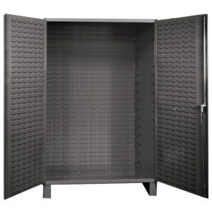The Vestil Storage Cabinet-24 X 78 Custom is a gray metal cabinet with perforated door and back panels, standing on a sturdy base, ideal for organizing tools or equipment in workshops or garages.