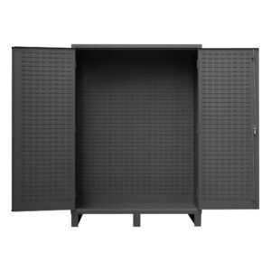The Vestil Storage Cabinet-24 X 84 Custom, in matte black metal, features open doors revealing a textured, perforated design inside and out.