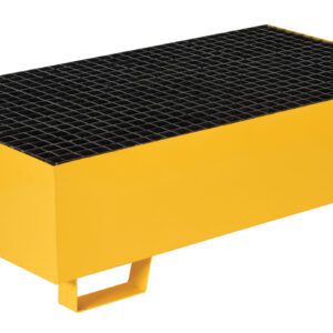 The Vestil Yellow Drum Retention Basin 49X27X14 features a black grid surface and two feet per side for slight elevation, ideal for workplace cleanliness.