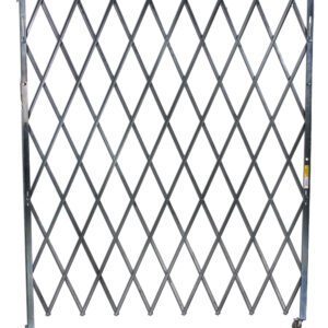 The Vestil Single Fold Scissor Gate 60X78 showcases a collapsible metal design with a diamond lattice pattern, elegantly unfolded against a white background.