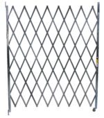 The Vestil Single Fold Scissor Gate 84X102 boasts a collapsible metal design with a diamond lattice pattern and wheels for easy mobility.