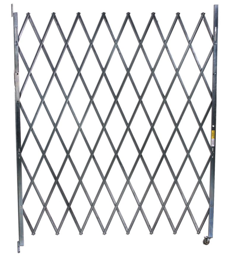 The Vestil Single Fold Scissor Gate 96X102 is a silver accordion-style security gate featuring a diamond crisscross pattern, vertical support bars on each side, and small wheels at the bottom for easy mobility when extended open.