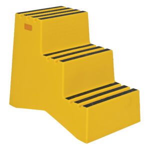 The Vestil Polyethylene Step Stool Yellow 3 Step has a vibrant yellow color with black grip strips on its three steps for added safety. Its textured surface ensures secure footing, making it a compact and stable choice for safely reaching higher places.