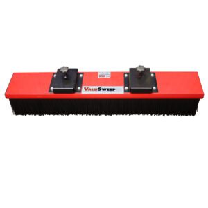 An American flag label adorns the red and black ValuSweep broom attachment with black bristles and two top mounting brackets, all set against a white background. It mirrors the innovative design of the Vestil Fork Truck Mounted Sweeper W/48 In Brush.