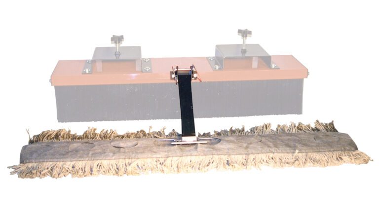 The Vestil Brush Sweeper - Dust Mop Kit is an industrial cleaner with a large rectangular brush and a wide flat mop head with fringe. The mop head is securely attached to a black metallic connector.