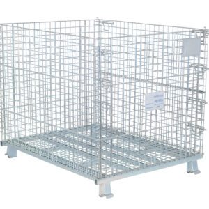 The Vestil Mesh Container 4K Cap 40 X 48 X 42 is a large metal, rectangular wire storage cage with an open top and grid pattern. Elevated on strong metal feet, its ideal for industrial or warehouse use and features a small label on one side.
