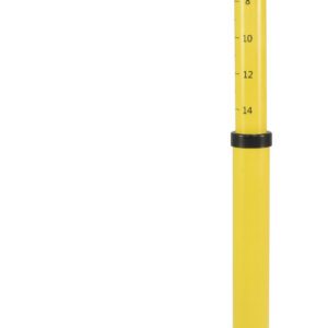 A yellow soil tester with a black scale indicator and separate black probe, akin to the Vestil Web Barrier Stake, measures soil penetration resistance from 0 to 14. It has three sharp prongs on the probe for easy ground insertion.