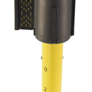 A black round electronic device, similar to the Vestil Web Barrier Caution Reel, Caution, is mounted on a yellow pole with 0 to 4 measurement markings and a flipped bracket on one side for enhanced cautionary functionality.