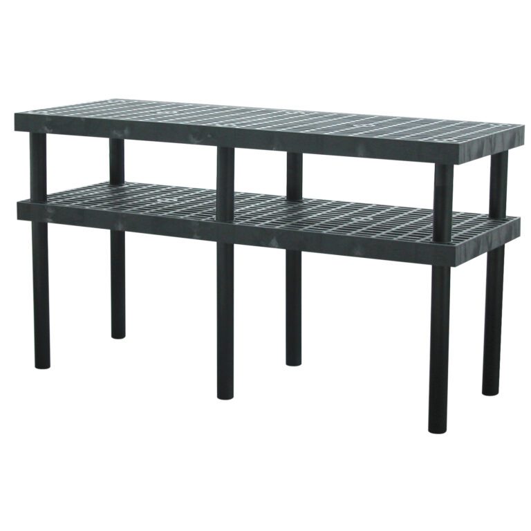 WBT-G-6624_A.jpg The Vestil Grid Work Bench Table 24 x 66 inches is a black, two-tiered plastic bench with a grid pattern. Supported by four sturdy legs, its ideal for versatile indoor or outdoor use, including storage, seating, or display.