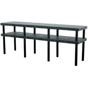 The Vestil Grid Work Bench Table 24 x 96 In is a sleek black two-tiered plastic shelving unit with a grid design on both shelves, supported by sturdy legs, offering ample storage space.