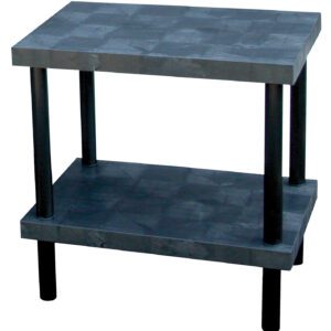 A compact, two-tiered black table reminiscent of the Vestil Solid Work Bench Table 24 X 36 In features rectangular shelves and cylindrical legs with flat, parallel top and bottom shelves supported by four sturdy round legs at the corners.